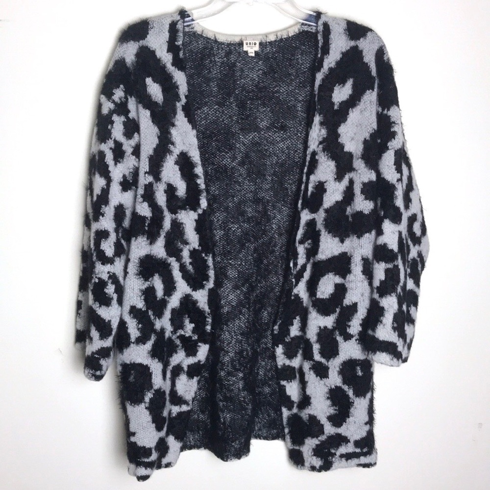 UNIQ Animal Print Open Front Cardigan Gray Black